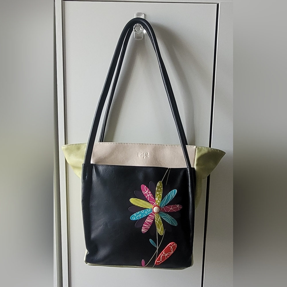 Elegant Black and Beige Tote with Floral Design